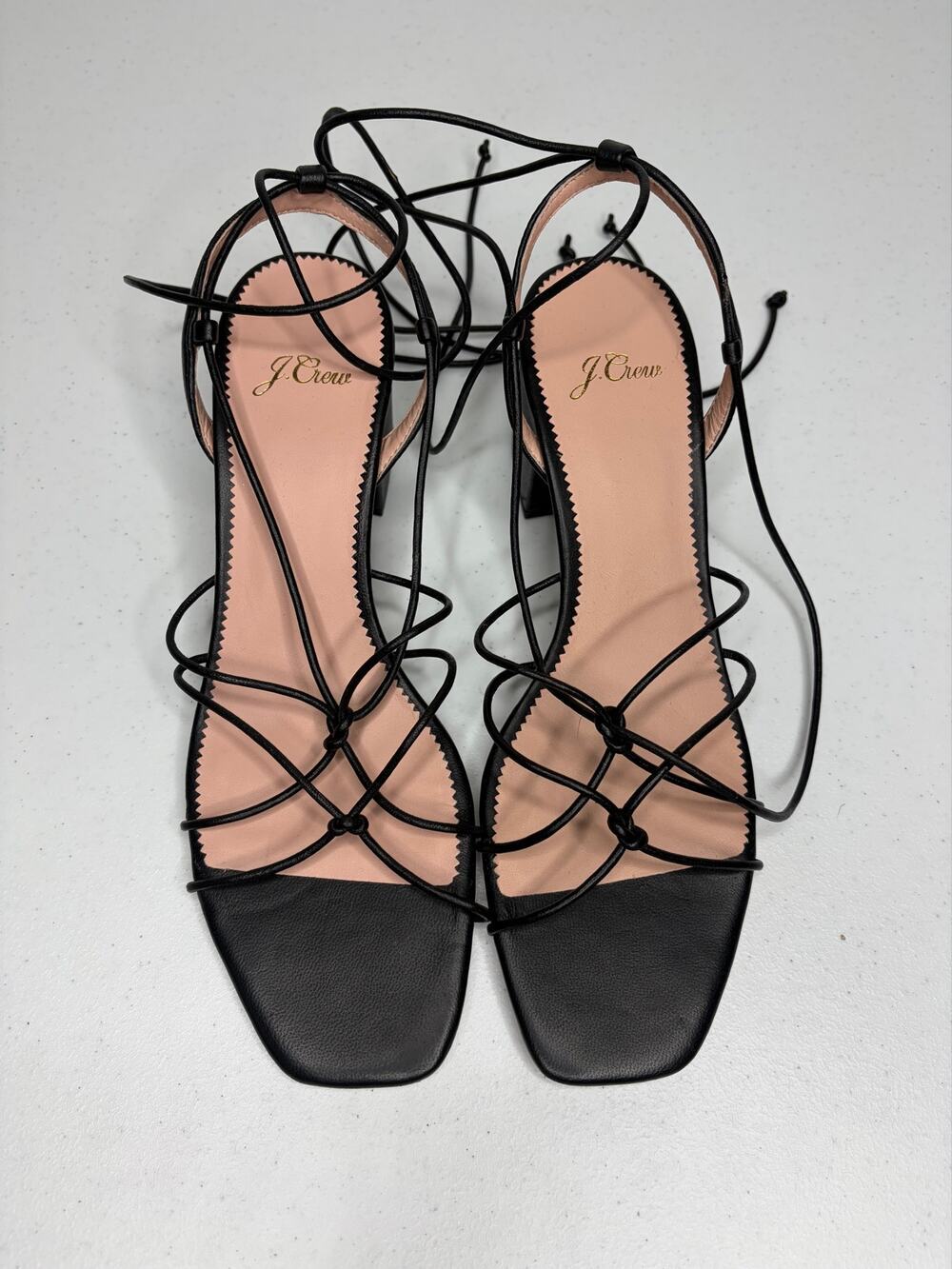 J. Crew Odette Knotted Sandals Sz 8.5 Ankle Wrap Black Leather Preppy Classic